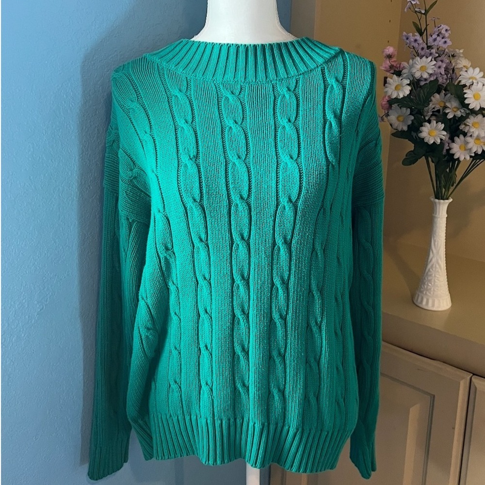 Womens L Green Cable Knit 100% Cotton Preppy Sweater Cozy Fall Winter Academia‎